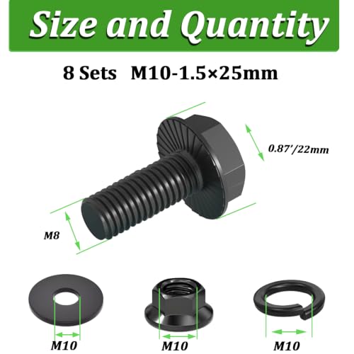 Image of 8 Set M10-1.5 x 25mm Flanged Hex Head Bolts,Flange Nuts,Flat & Lock Washers,10.9 Black Zinc Plated,Full Thread, Alloy Steel
