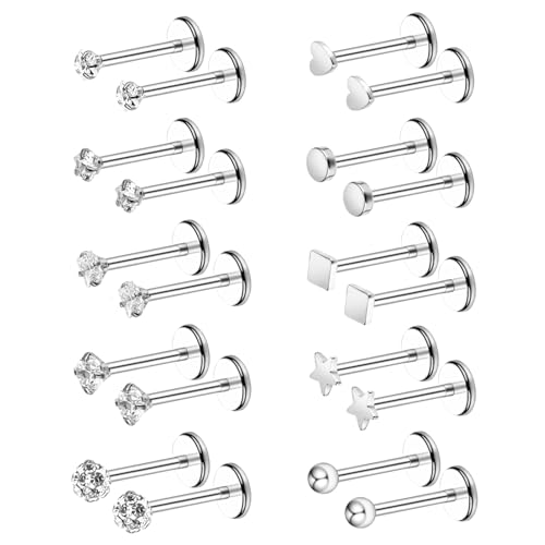 Yolev 20 Pieces Stainless Steel Nose Studs, Nose Piercing Jewelry for Women Men Bone Silver Rose Gold Black Rainbow Pack Steel Faux Nose Piercing Nose Cuffs