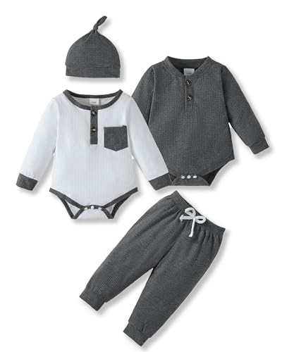Image of NZRVAWS Newborn Baby Boy Clothes Long Sleeve Romper Pant Set Hat 2-Pack Infant Baby Boy Outfits Fall Winter Clothing Set