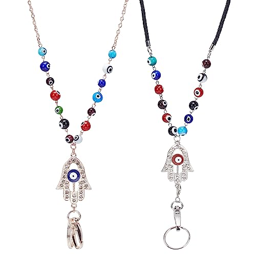 SUNNYCLUE 1 Box 2 Style Lanyard Necklace Glass Evil Eye Fashion Lanyards Lucky Name Card Beaded Lanyards for Women Students Teachers Staff Nurses ID Badges Keys Office Kaychain KeyRing Gift Supplies