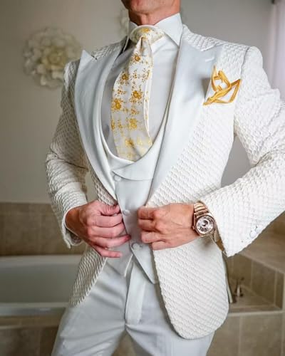 HUUTOE Mens Double Breasted Suit White Honeycomb Suit Wedding 3 Piece Slim Fit-White Blazer Vest Dress Pants Set for Men4