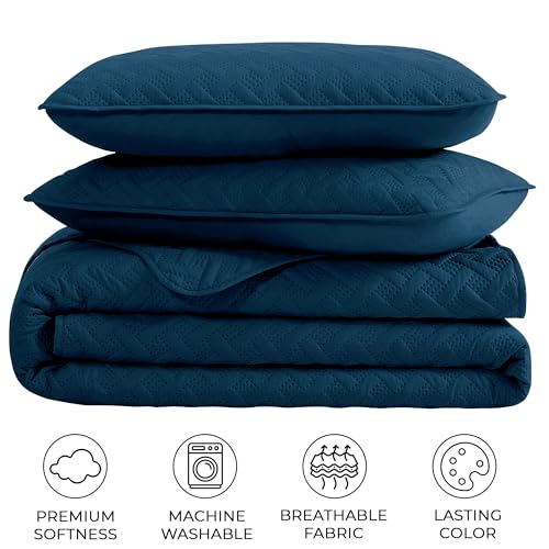 Image of Story@Home Quilted Bedspread for King Size Bed | 400 TC Bedcovers for King Size | Bed Cover | Quilted Bedsheet with 2 Pillow Cases | 250x225 CM 100% Cotton Ultrasonic Quilting - Dark Blue