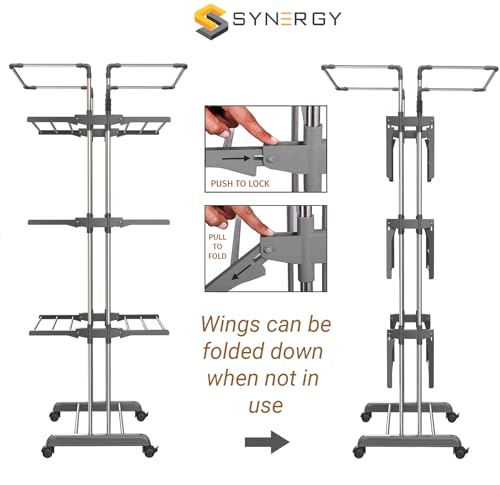 Image of Synergy - Premium Heavy Duty Stainless Steel Clothes Drying Stand | Cloth Dryer Stand | Cloth Stand for Drying Clothes Foldable | Cloth Hanging Stand | Cloth Drying Stand (4-Tier) Grey - SY-CS20-L4