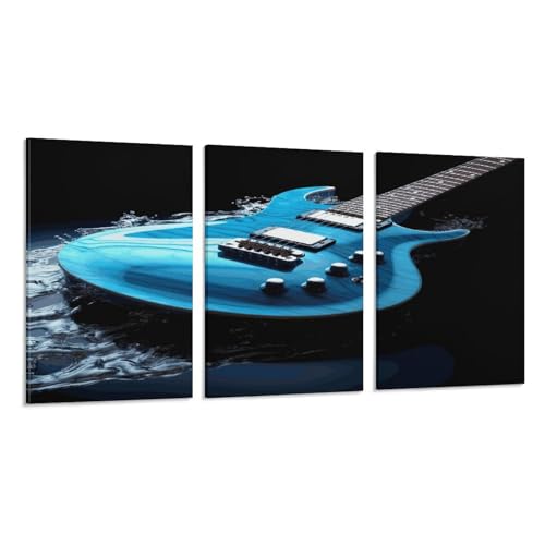Toile murale guitare bleue tableau 3 panneaux décoration salon et chambre moderne