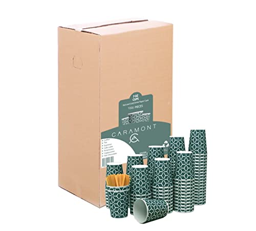 Caramont,1000 Vasos de Cartón de 7 Onzas con Agitadores de Madera,Ecológicos y Desechables,Resistentes Al Calor, Ideales para Café,Té,Cumpleaños,Etc.