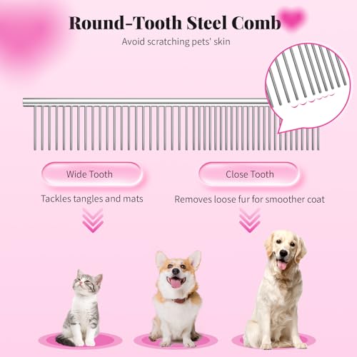 Pawaboo Hundepflege Schere Set, 5 Stück Professionelle Hundesalon Schere Kämmen Fellschere mit Runder Sicherheitspitze für Haustiere Hunde Katze Effilierschere Haarpflege Fellpflege Schneiden - Rosa