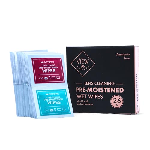 The View Optique Pre-Moistened Wipes for Glasses - Eye Glasses Cleaner Wipes Individually Wrapped - Pre-Moistened Lens Cleaning Wipes for Eyeglasses, Lenses, Goggles, Sunglasses (26 Count)