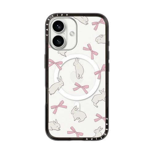 Coque iPhone 16 CASETiFY compacte et transparente noire avec motif ruban lapin