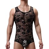 MANJIAMEI Herren Blumen Spitze Mesh Body Durchsichtig Ärmellos Lingerie Leotard Einteiliger Jumpsuit Tank Top Unterwäsche Slip Body Unterhemd Clubwear Nachtwäsche Schwarz/L