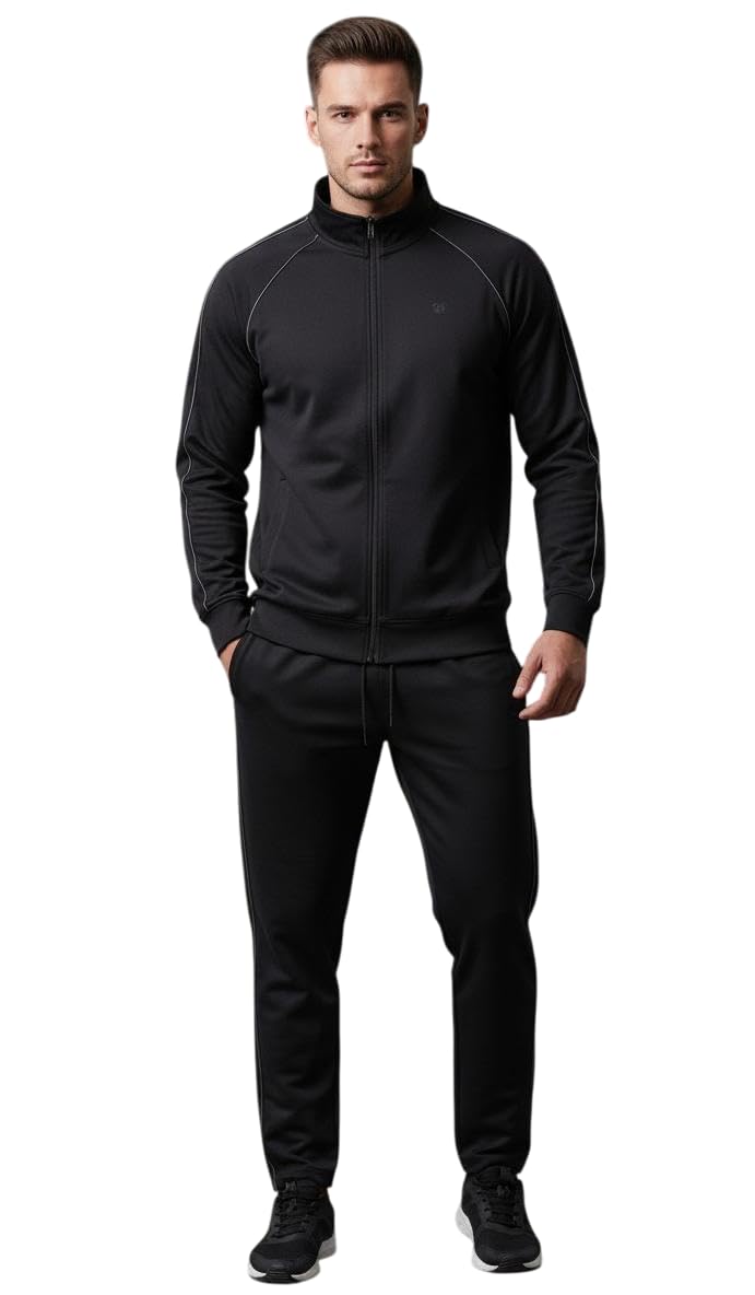 Men's Athletic Full-Zip Tracksuit Set, Black, 2-Piece Sports and Casual Wear with Contrast Piping, Mock Collar Jacket and Elastic Waist Pants-image-8