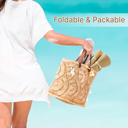 Image of Beach Sun Straw Hats for Women, UPF 50+ UV Sun Protection Wide Brim Summer Straw Hat Foldable Packable Roll up Cap