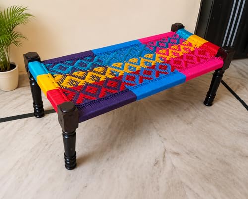 Image of Handwoven Wooden Bench | Traditional Rope Charpai Stool | Solid Wood Frame Seating for Living Room, Balcony & Outdoor | Durable & Stylish Design (Multicolor)