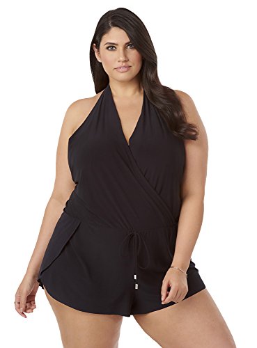 Magicsuit Women's Swimwear Plus Solid Bianca V-Neck Flowy One Piece Romper Style Swimsuit with Soft Cup Bra and Halter Straps, Black, 24W