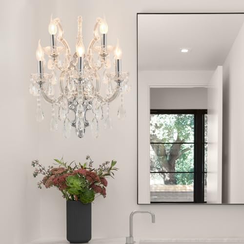 Image of YLONG-ZS Large Modern Crystal Wall Sconce, Lights-5 Light Crystal Wall Sconce Lighting ,Chrome Wall Lamp Chandelier Light Fixtures for Living Room Bedroom Bathroom Over Mirror