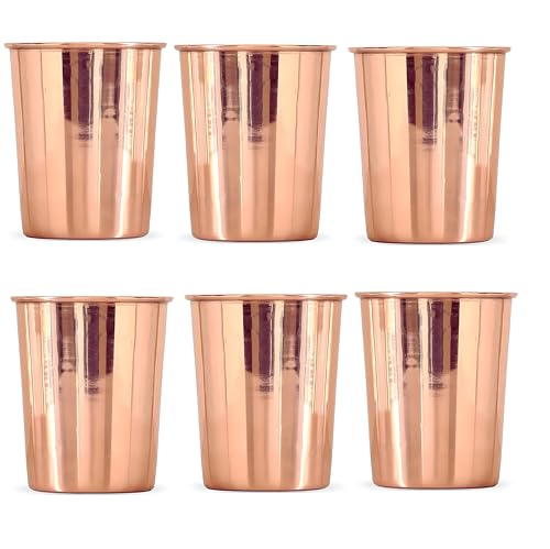 Image of Pure Copper Tumbler 300ml 6Pcs Set | Handmade Ayurvedic Water Glass | Traditional Copper Drinking Cup for Home Kitchen | Premium Serving Utensil