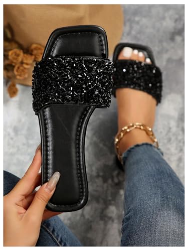 Women's Glitter Slippers PU Leather Pearls Beaded Open Toe Slide Sandals2
