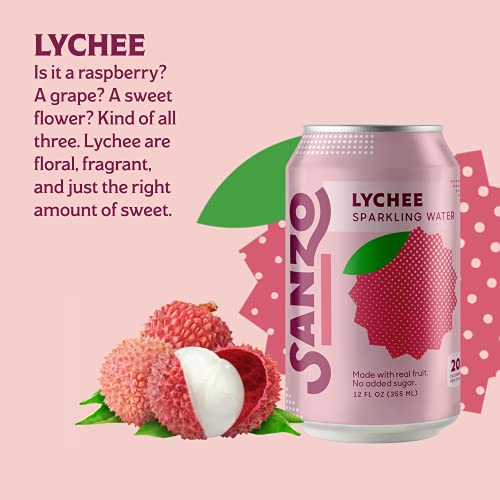 Sanzo Flavored Sparkling Water - Lychee (Berry), 12-Pack - Carbonated Drink Made With Real Fruit And Sugar-Free - Non-Gmo, Gluten-Free And Vegan - 12 Fl Oz Cans - Floral, Fragrant, And Sweet #TOP2