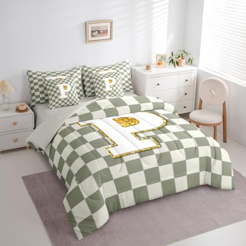 Image of Erosebridal Sage Green Checkered Full Bed in A Bag 7 Piece Plaid Initial P Comforter Set with Sheets Personalized Monogram Bedding Sets for Kids Adults,Fashion Grids Gingham Bed Set