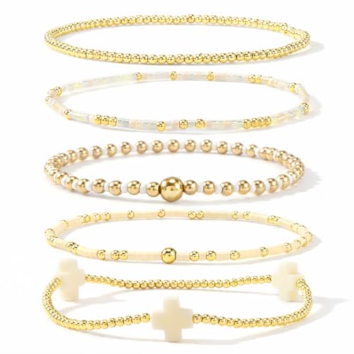 EQUBIO Gold Beaded Cross Bracelet for Women 14K Plated Adjustable Stackable Dainty Bracelets Non Tarnish Fashion Jewelry Set Gifts for Women Birthday Friendship (white)