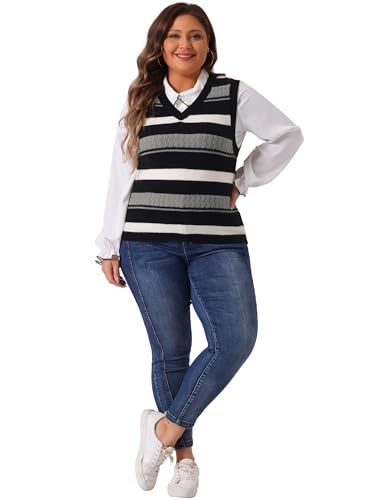 Image of Agnes Orinda Plus Size Sweaters for Women Sleeveless V Neck Striped Knit Casual Pullover Sweater Vests