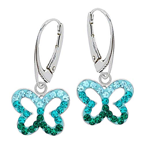 Kristall Schmetterling Brisur Ohrringe 925 Echt Silber Mädchen Kinder Ohrhänger (Türkis-Blau)