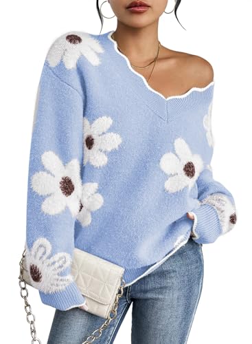 Kisscynest Women's V Neck Oversized Fuzzy Sweaters 2025 Casual Long Sleeve Chunky Knit Pullover Tunic Jumper Tops