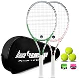 bo'weiqi 27' Recreational Tennis Racket Set 2 Players Lightweight Pre-Strung Tennis Racquets for Beginners, Including 3 Balls, 2 Overgrips, 2 Vibration Dampers and 1 Bag (Green and Pink)