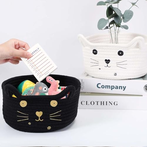 Image of Woven Rope Storage Basket, Cute Cat Toy Basket for Living Room, Baby Basket for Nursery, Gift Basket Empty for Baby Shower 8.3 x 4.7 inches,Black