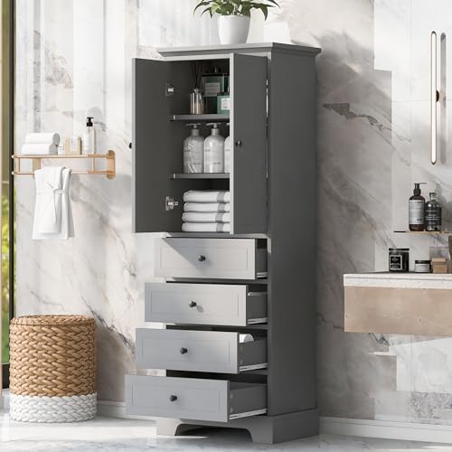 Image of Tall Bathroom Storage Cabinet, Freestanding Bathroom Cabinet with Door and Drawer, Modern Slim Bath Linen Closet with Adjustable Shelves for Living Room Bedoom Kitchen Entryway (Gray, 23.6*68.1in)