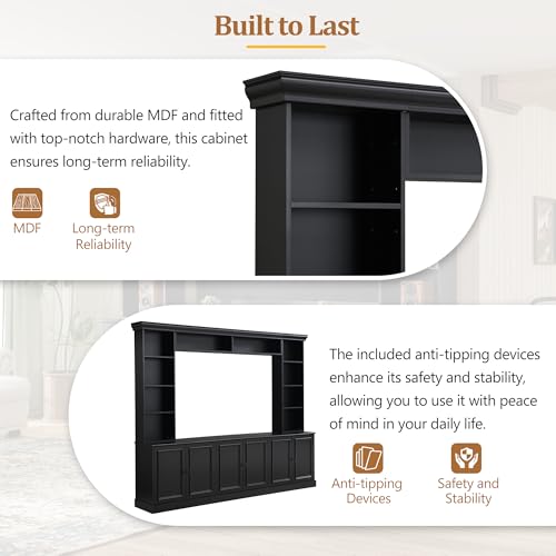 Image of JIJIWANG 97.4 inch W 4-Piece Wall Unit Entertainment Center with Bookshelf for TVs Up to 70 inch, Mid-Century Media Console TV Stand with Adjustable Shelf, Storage Cabinet and Bridge for Living Room, Black