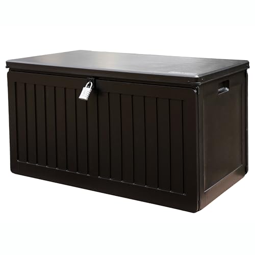 Olsen & Smith 270L Outdoor Storage Box with Padlock – Durable Sit-On Garden Chest, Weatherproof Plastic Shed Seat, Lockable Wood Effect Design for Patio, Deck, and Garage (Black)