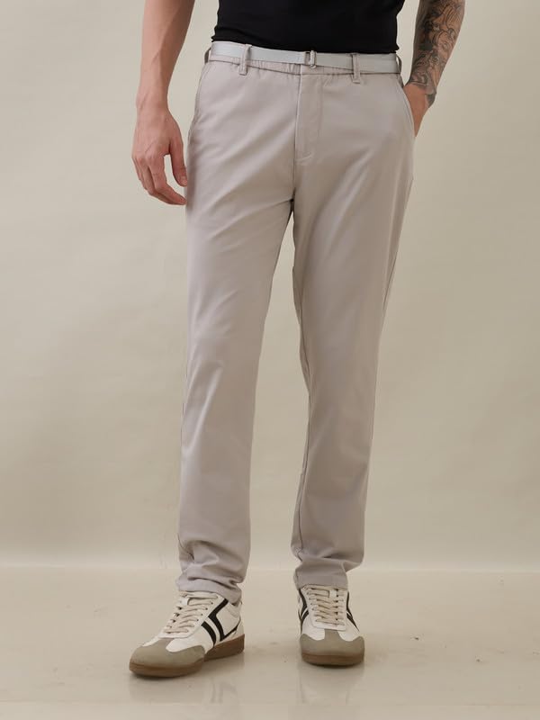 Image of Nostrum Men's Smart-Casual Tapered Trousers for Men, Charcoal, Cotton Corduroy, Mid Rise, Regular Slim Fit with Adjustable Belt, Side and Back Pockets, Casual Wea
