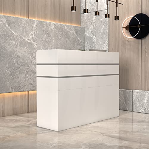DEZAGCE White Reception Desk, Modern Checkout Front Desk Reception Counter with Lockable Drawer, Open Shelf and 1-Cupboard, Reception Station for Salon/Store/hotel/office, 120L X 48D X 110H cm