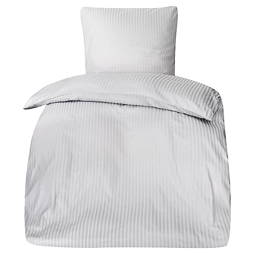 MOON - Luxury Damast Bettwäsche Set mit Reißverschluss - 135x200 + 80x80 cm - 10mm Streifen - 100% Baumwolle (Silber)