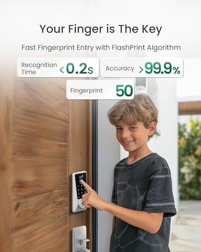 Image of DESLOC Smart Lock D110 Plus, WiFi Fingerprint Smart Front Door Lock with Touchscreen Keypad, App Remote Control, Auto Lock, Keyless Entry Deadbolt, Silver, Deadbolt Handle Set
