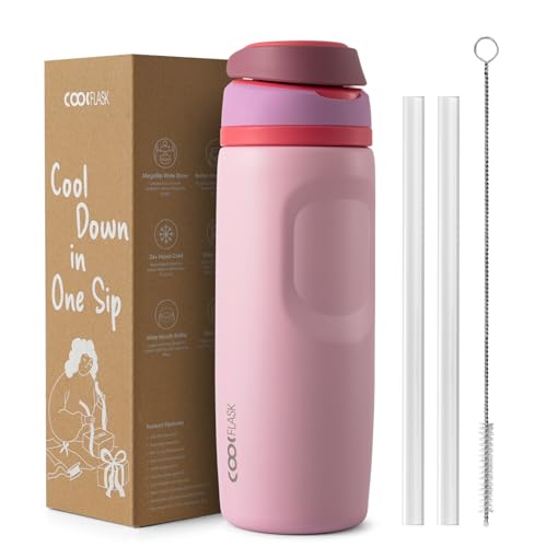 Image of Coolflask MegaSip Insulated Water Bottle 24 oz with Straw, Stainless Steel Water Bottles Leak-Proof, 24+ Hours Cold, BPA-Free Dishwasher Safe, Water Flask for Sports Gym Work Office, Blush Pink