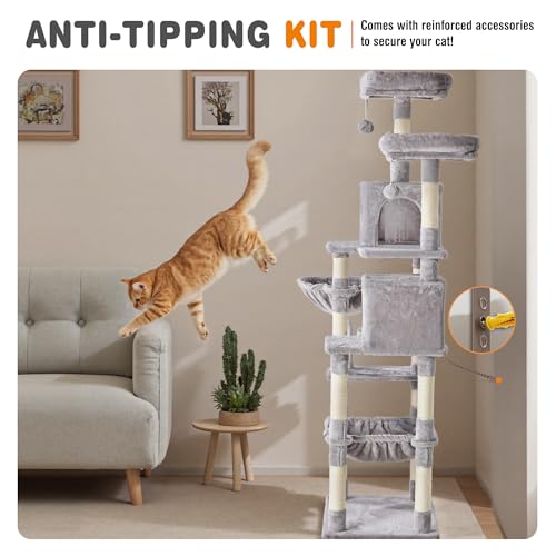 Image of Sweetcrispy 71 inch Cat Tree Tower, Large Multi Level Cat Climbing Tower with Condo, Natural Sisal Scratching Posts, Platform, Hammock, Basket, Tall Pet Tree House for Indoor Cats Play, Light Grey