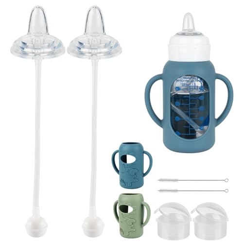 Image of Sippy Cup Conversion Kit with Silicone Sleeves for Dr Browns Narrow and Narrow Glass Baby Bottle 4oz, Weighted Straw Replacement Kit with Soft Straw Top and Handle,2-Pack，6m+