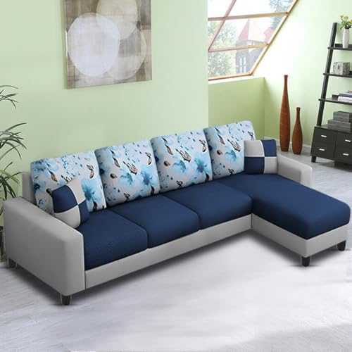 Image of Casaliving - Rolando 6 Seater L Shape Sofa for Living Room with 2 Puffy | Color - Blue Grey | Right Side Sofa (Wood)