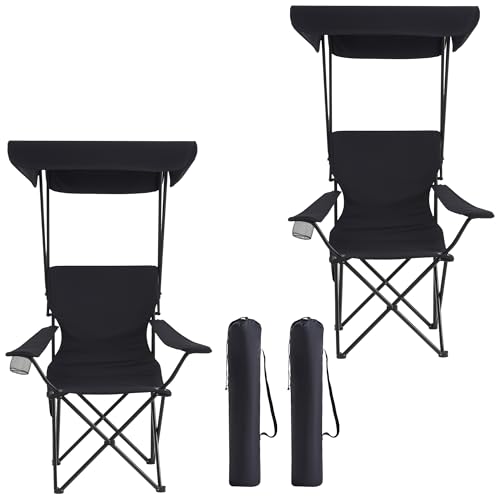 Silla de camping portátil 2 unidades con dosel plegable, silla plegable para exteriores con portavasos y bolsillo lateral para camping, senderismo, picnic y playa (Negro)
