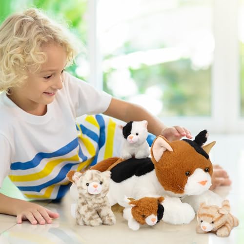 Image of Skylety 5 Pieces Cat Stuffed Animal with Babies Inside Belly Plush Cat Pregnant Mommy Kitty with 4 Cute Fluffy Stuffed Kittens Christmas Birthday Surprise Gifts(Orange, Black, White)