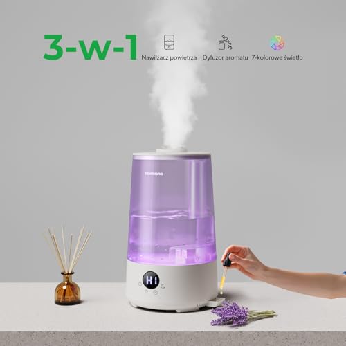 Homvana Nawilżacz Powietrza 3,6L Plastik Sypialnia Pokoju Dziecka, Ultradźwiękowy 360° Cool Mist, 34h Pracy, Bardzo Cichy 16 dB (SilentSpray), Bez BPA, Dyfuzor Zapachowy, 7 Kolorów LED