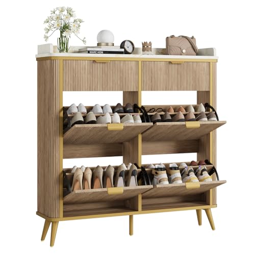 RNLRNL Fluted Shoe Storage Cabinet with 4 Flip Drawers...
