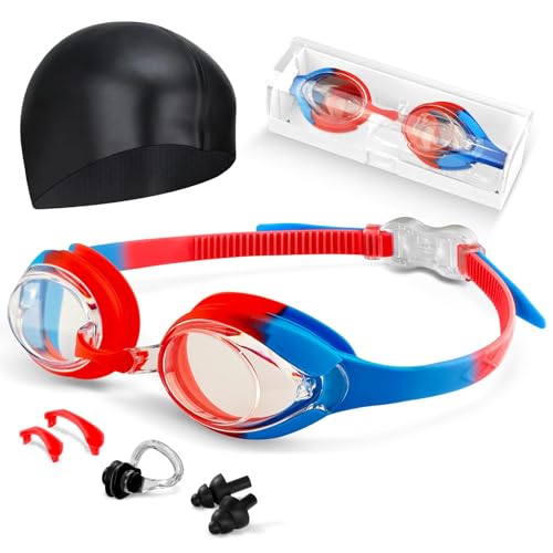 Image of Kids Swim Goggles, Anti-fog and UV Protection with Swim Cap for Age 3-15 Youth Boys Girls Toddler