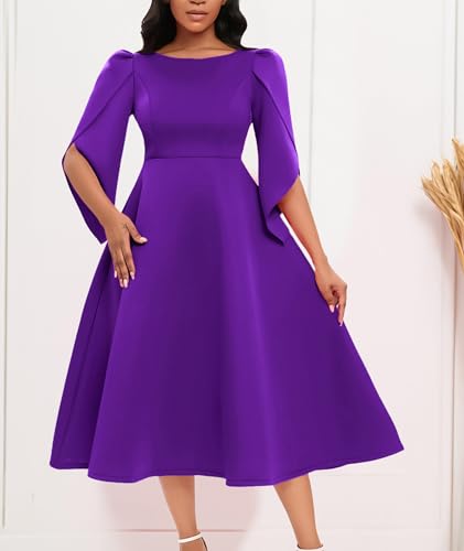 SOMTHRON Women's Elegant 3/4 Petal Sleeve Long Maxi Dress Crewneck A-Line Pleated Swing Formal Cocktail Party Dress4