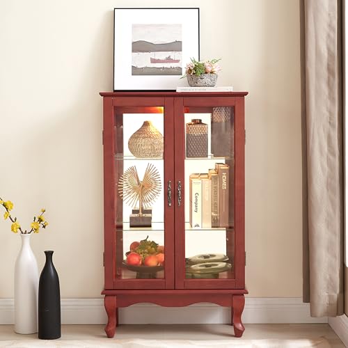 Image of 43 inch H Lighted Curio Cabinet Display Case with Light Bulb, Glass Curio Cabinet with Adjustable Shelves & Tempered Glass Door, Wooden Cabinets w /Mirrored Back Pane for Living Room(Cherry)