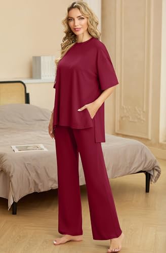Image of PrinStory Womens Pajamas Sets 2 Piece Lounge Set Short Sleeve Tops and Long Pants Soft Pjs Loungewear with Pockets