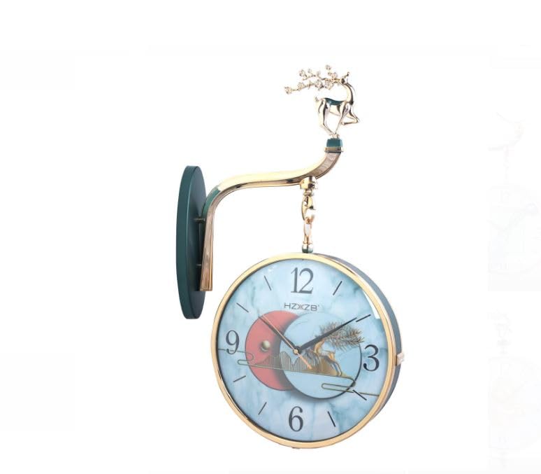 Image of Home Decor Double Sided Round Wall Mount Station Clocks Watchs Double Face Wall Clock Vintage Retro Metal Frame Glass Dial Cover (W9 Green)