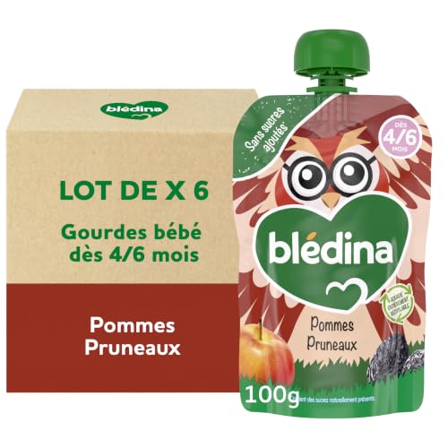 Blédina Gourde Bébé Dès 4/6 Mois, Purée de Fruits Pommes Pruneaux, 6 x 100g