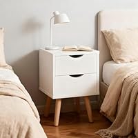 Warmiehomy Bedside Table with 2 Drawers Bedside Storage Cabinet with Solid wooden legs White Nightstand Sofa Side Table End Tables for Bedroom Living Room Home Furniture 30x30x46cm
